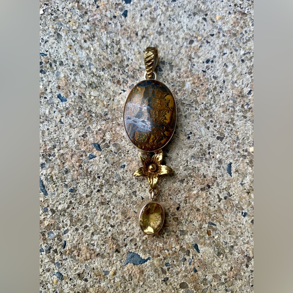 Oval Jasper Bronzite Citrine 925 Silver & Goldtone Pendant Slide